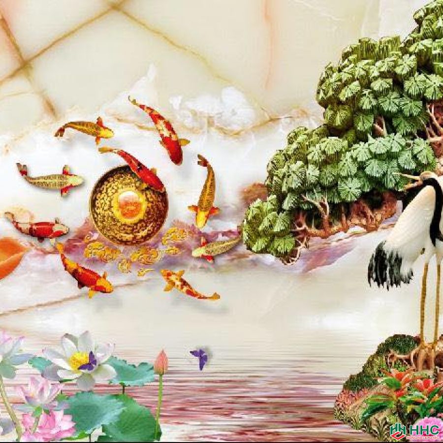 Gạch tranh 3D hoa sen cá chép